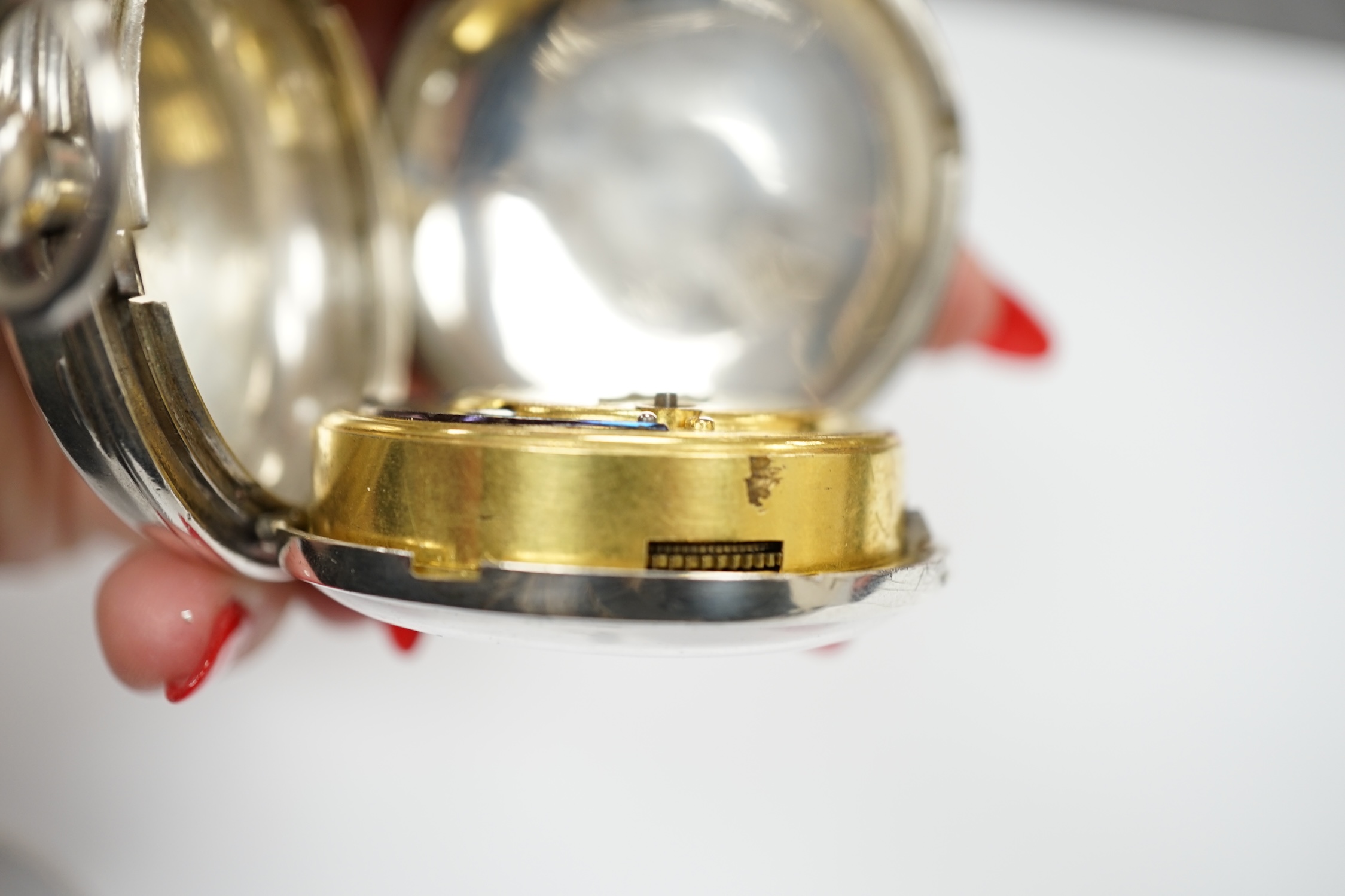 A George III silver hunter keywind duplex pocket watch, by Barwise of London, with Roman dial and signed movement with diamond set cock and numbered 4655, case diameter 55mm.